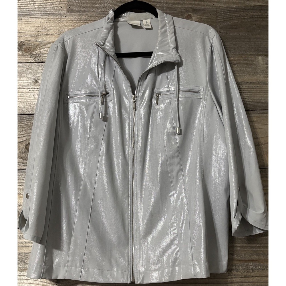 Chico's Zenergy Jacket Size 16 (3) Metallic Zip Front Moto Style Nearly New